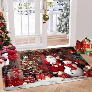 VIKAMA Santa Dog Christmas Doormat Fireplace Scene Print Non Slip Washable Entry Floor Mat for Front Door Home Decoration