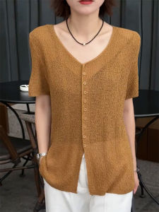 QINGNAER | Oversized Stylish Versatile Brown Lace Hollow-out Light-see-through Knitwear