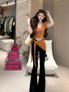 QIANMANZI | Bộ 3 Món Gồm Áo Thun Ôm Dáng Cổ Halter Quần Suông eo Cao