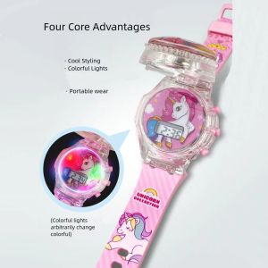 Unicorn Rotating Music Light Electronic Watch Childrens Flip up Watch