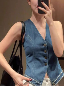 chaqi | Retro Denim Vest Womens Style Summer Trendy Short Sleeveless Shoulder Pad Vest Top Outerwear Commute Style Slim Fit Pure Color