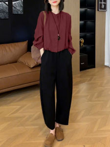 Elegant Loose Stand Collar Casual Shirt Spring Fashion Set Slimming Leisure Pants Two Piece Set Comfortable Long Sleeve Polyester