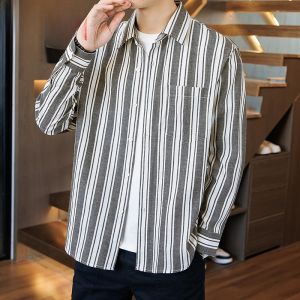 HENGYUANXIANG | Spring Fashionable Casual Striped Mens Long Sleeve Shirt Loose Fit Classic Style Button Detail Non-Iron Treatment Polyester Blend