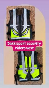 Dakkisport security riders vest with reflective strips and neon accents for visibility.
