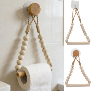 Nordic Style Wall Mounted No Punching Wood Stick Toilet Paper Storage Rack Modern Minimalist Space Saving Jute Rope Beaded Tissue Holder