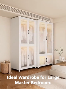 FurnishFiesta Cream Style Reeded Glass Wardrobe with Sensor Light Modern Luxury Bedroom Closet Organizer Heavy Duty StorageCabinet