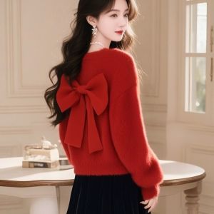 Elegant Red Christmas Knitted Sweater with Butterfly Knot for Women Casual Loose Fit Soft Polyester Fiber Spring Fashion