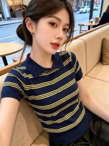 HUOLISI | Korean Style Striped Polo Neck Knitted Short Sleeve T-Shirt Summer Outfit