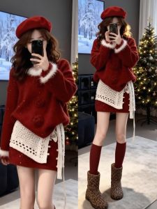 XUECAIQI | Red Gentle Style Winter Knit Cardigan Mini Skirt Trousers Set