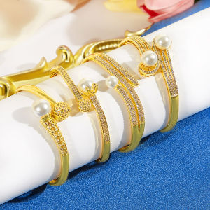 SEQUITO Gorgeous Multi Style Brides Wrist Jewelry Full Micro Pave Sparkling AAA Cubic Zircon with Artificial Pearl Golden Bangle B358