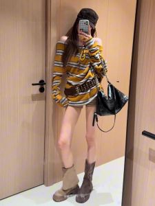 YUEZHONGWEI | Color Block Striped Off-Shoulder Cozy Sweater