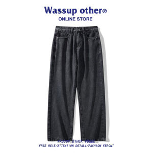 Mens American Streetwear Washed Distressed Loose Straight Wide Leg Denim Jeans Fall Winter