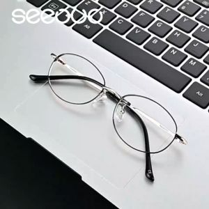 Seeouo Frame Kacamata Lensa Plano Model Oval Women Stylish Full Metal Kokoh Fashionable Bisa Minus Bluecromic 34397