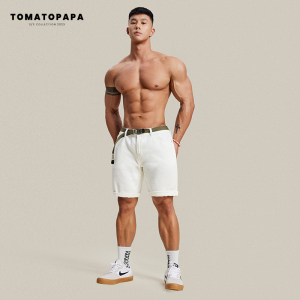 กางเกงขาสั้นผ้าฝ้ายลายทางสไตล์สตรีทสำหรับผู้ชาย TOMATOPAPA กางเกงขายาวทรงตรง ทรงหลวม สวมใส่สบาย กางเกงยีนส์ลำลอง