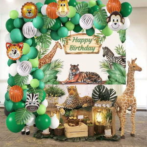 Safari Jungle Birthday Decor Kit for Boys - Balloon Garland Arch Animal Backdrop Palm Leaves & 60pcs Theme Party Supplies