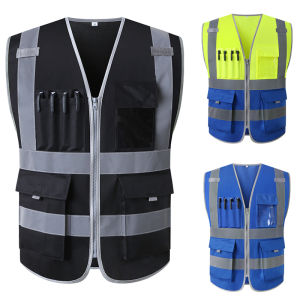 High visibility Blue Safety Vest Reflective With Pockets And Zipper For Men Construction Reflective Vest Jacket with Pockets and Zipper Hi Vis Blue Workwear