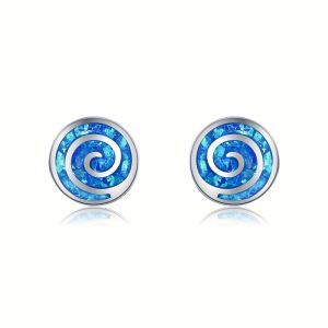 Greek Key Meander Symbol Stud EarringsBlue Opal Eternal Life JewelrySilver Plated Hypoallergenic Ear Studs Jewelry Gift