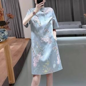 Elegant plus Size Qipao Dress Korean Style Commute A-Line Skirt Short Sleeve Mid-Length Floral Pattern for Plump Sister