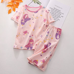 เด็กผู้หญิง ฤดูร้อน ชุดนอน ผ้าฝ้าย ชุดอยู่บ้านแขนสั้นเรยอนไม้ไผ่บางเสื้อผ้าเด็ก ระบายอากาศได้ดี ดูดซับความชื้น