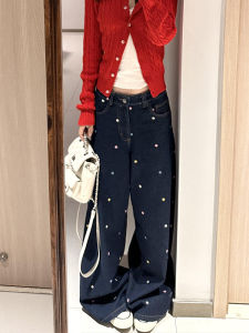 ย้อนยุคสูง เอว ขากว้างลายดอกไม้ เดนิม กางเกงยีนส์ ผู้หญิง ฤดูใบไม้ผลิ ฤดูใบไม้ร่วง หลวมสลิมตรง กางเกงขายาว ลำลอง แฟชั่น พลัสไซส์