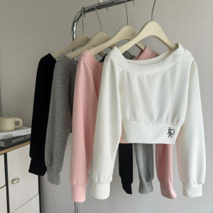 Korean Style Sweet Spicy Shoulder Bared Sweatshirt Womens Thin Long Sleeve Side Collar Loose Short Size Small Trendy Top