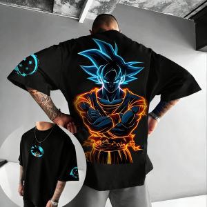 Bandai | Dragon Ball Z Goku Super Saiyan Blue Neon Light T-Shirt for Men 100% Cotton Summer Casual Streetwear Anime Graphic Print