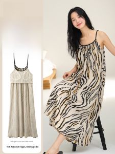 MiiOW | Pure Cotton Nightgown Womens Built-in Chest Pad 2025 New Summer Strap Long Dress Ladies Sleepwear Home Clothes Short Sleeve