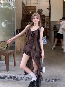 ชุดเดรสยาวคลุมเข่าสไตล์ฝรั่งเศสย้อนยุค ชุดฤดูร้อนสำหรับผู้หญิง กระโปรงทรงเอ ชุดสาวฮอต ชุดเดรสยาวคลุมเข่า