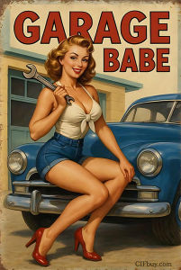 HelloYoung | English: 8x12in Vintage Tin Sign "GARAGE BABE" Pin-Up Girl 2D Iron Art Poster Retro Wall Decor for Auto Shop Garage & Bar