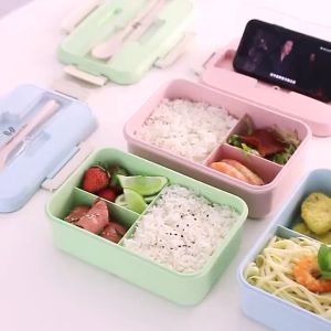 Hộp đựng cơm lúa mạch 3 ngăn tặng kèm đũa thìa inox tiện lợi giao màu ngẫu nhiên