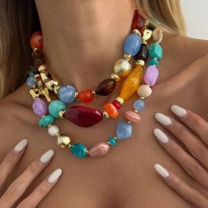 KunJoe Bohemian Colorful Resin Beaded Choker Necklace for Women Vintage Adjustable Acrylic Short Necklace Jewelry on the Neck