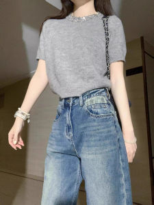 SHUQINGLAI | Decorative Beads Heavy Knitting Short Sleeve T-shirt for Women Summer
