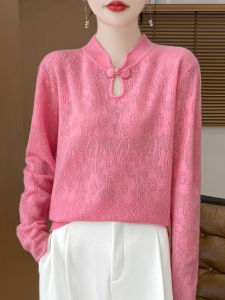 Autumn Winter New Chinese Style Pure Wool Sweater Womens Stand Collar Loose Knitted Cashmere Base Top with Hook Flowers