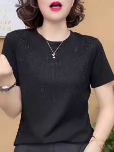 Black round Neck Short Sleeve T-Shirt Womens Fashionable Commute Short Style Top Korean Version Loose Fit Summer New Arrival