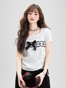 Summer New Design Womens Lace Butterfly Knot Short Sleeve Slim Fit round Neck T-Shirt White Fashionable Top Sweet And Spicy Style