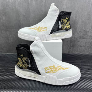 High-Top Mens Board Shoes Embroidered Dragon Slip-On Trendy Cotton Fabric Breathable round Toe Flat Heel Rubber Outsole