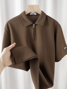 Plus Size American Style Casual Half Zipper and Lapel Polo Shirt Short Sleeve Men Summer Retro Fancy Easiest for Match Half Sleeve T-Shirt