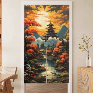 VIKAMA Oriental Ancient Pagoda Landscape Japanese Door Curtain Aesthetic Noren Partition Curtain Vintage Kitchen Home Decor