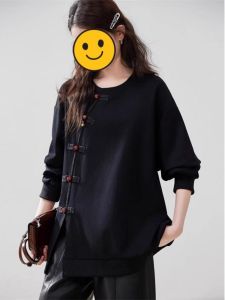 Áo Nỉ Dáng Rộng Phong Cách Trung Hoa Mới Thời Trang Thu Đông 2024 Áo Nỉ Cổ Tròn Màu Trơn Dáng Rộng Thoải Mái Cho Nữ