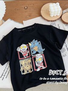 Childrens round Neck Short Sleeve T-shirt Ultraman Print Casual Top for Boys Summer Sweat Absorbent Cartoon Anime Shirt