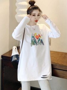 Small Size Womens Cotton Sweatshirt Loose Base Layer Shirt Korean Style Cover Butt Shark Pants Top Long Sleeve round Neck