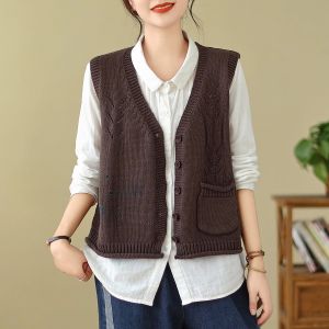 Spring Autumn Short Pure Color Knitted Cotton Open Cardigan Women V-neck Sleeveless Loose Outerwear Vest Casual Fashion
