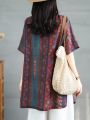 Retro Floral Cotton Linen Shirt Women's Loose Slimming Stand Collar Button up mid Length Summer Top Ethnic Style Loose Fit. 