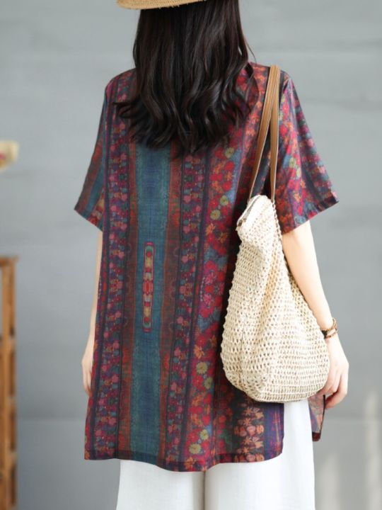 Retro%20Floral%20Cotton%20Linen%20Shirt%20Women's%20Loose%20Slimming%20Stand%20Collar%20Button%20up%20mid%20Length%20Summer%20Top%20Ethnic%20Style%20Loose%20Fit%20-%20Image%204
