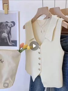 Office Waist Coat For Women Plain Knitted Vests Tops Collar Buttons Down Vintage Shirts Tops Casual Blouse Tops