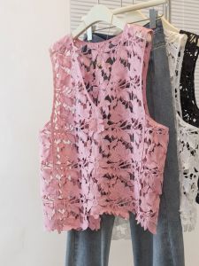 AIYITI | Pink Lace V-Neck Oversized Womens Vest Slimming Sleeveless Top