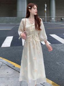 New Chinese Style Heavy Embroidery Fake Two-Piece Dress Summer plus Size High Waist A-Line Skirt Long Sleeve V-Neck Gown