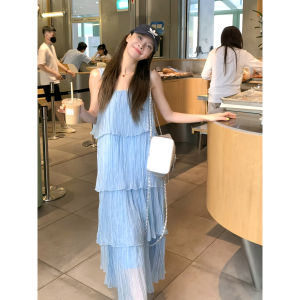 French Gentle Style Midi Skirt Pleated Dress Women Summer Fashion Age Reduction Sweet A-Line Dress Trendy High Waist Chiffon Gown