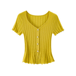 BANANA CICI | Banana Cici Summer 2025 French Style Square Collar Slim Fit Short Sleeve Knitted T-Shirt Split Design Comfortable Medium Softness