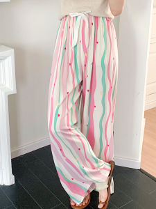 Mid-Waist Cotton Silk Wide-Leg Sleepwear for Girls Casual Striped Design Lightweight Summer Lounge Pants Rubber Band Waistband